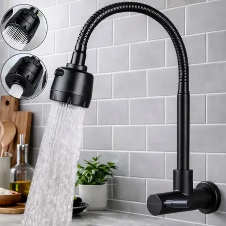 Torneira Gourmet Flexível Metal Bica Pia Cozinha Parede 360° Cor Preta Duplo Jato Forte - Marca Camperluz Preto Instalação Na Parede
