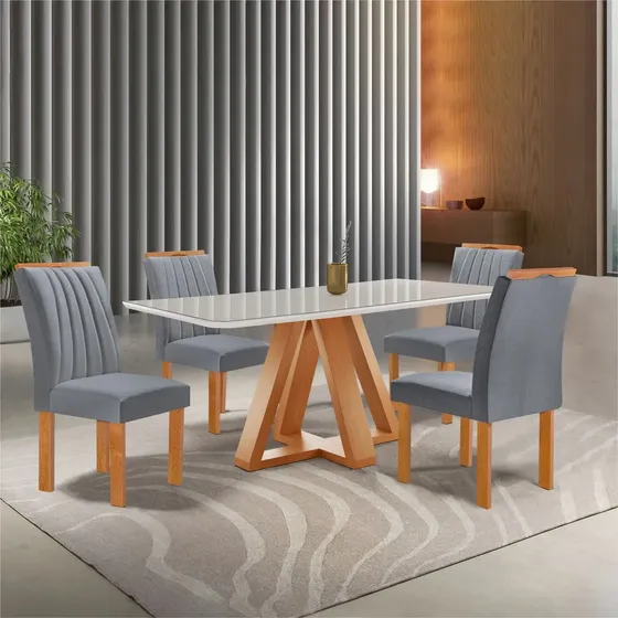Conjunto Mesa Jantar Vidro 4 Cadeiras Madeira Cinza Kyra Cel Móveis