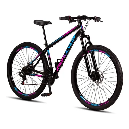 Bicicleta Aro 29 Highlevel Aço Carbono Freios Disco Suspensão 21v Cor Preto - Azul - Rosa