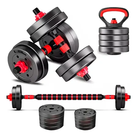 Kit Halteres E Anilhas Ajustáveis 15kg Para Kettlebell, Barras E Flexões Marca Als Sports Preto E Vermelho