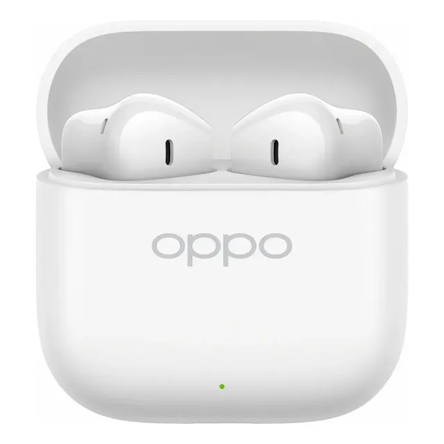 Fones de ouvido Oppo Enco Buds3 resistentes a água branca e poeira com equalizador personalizado e som inteligente.