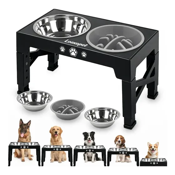 Comedouro Bebedouro Elevado Cães Duplo Lento Inox Grandes Ajustável Looxopet Preto