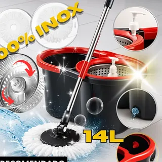 Mop Giratorio Cesto Em Inox Com Balde Centrífuga Limpeza Pesada Esfregao Giratorio Mope Profissional 14 Litros Marca Obraplin Preto/vermelho