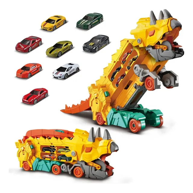 Caminhão Dinossauro Pista Com Carrinhos Maleta Transporte Cor Amarelo
