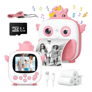 Câmera fotográfica Instantânea Infantil Full HD com Selfie, Impressão e Gravação de Vídeo + Cartão 32GB + 3 Rolos de Papel