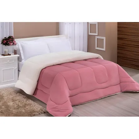 Edredom Coberdrom Casal Queen Sherpa Lã Carneiro Grosso Cor Rose Liso