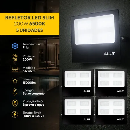 Kit 5 Refletor Led Slim Externo 200w 6500k Branco Frio Ip66 110v/220v Bivolt Preto Cod: Alut000702-5 Alut By Avant 127/220v Branco Frio 6500k
