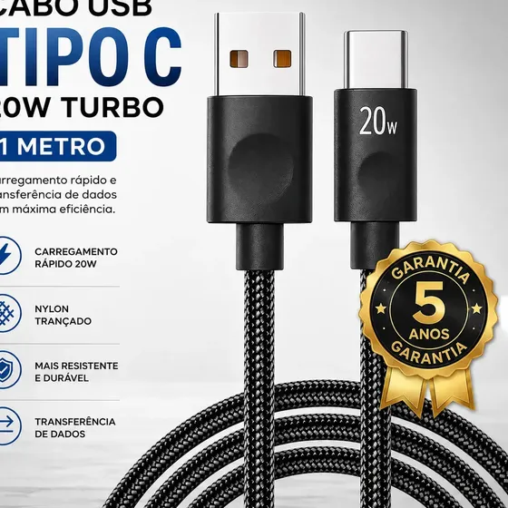 Cabo Usb Tipo C Para Samsung Motorola Turbo Nylon Trançado 20w 1 Metro Cor Preto Dtimp Para Phone 15 16 Samsung Galaxy S24, S23, S22, S21, S20