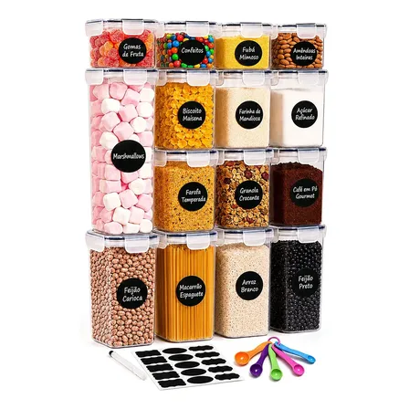 Kit 15 Potes Herméticos para Mantimentos com Tampa Etiquetas e Colheres Medidoras Jogo de Potes Porta Mantimentos Cozinha e Despensa Organizada Vasilhas Plásticas Empilháveis Transparentes Palada
