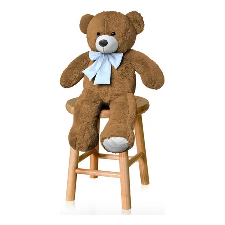 Urso De Pelúcia Teddy Bear Grande Com Laço 50cm Antialérgico Cor Mel Com Azul Bebe