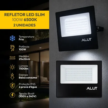 Kit 2 Refletor Led 100w 6500k Branco Frio A Prova D'água Alut Cod: Alut000701-2 Alut By Avant 127/220v Preto