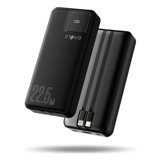 Power Bank Inova 20.000mAh Portátil Rápido c/ Cabos Integrados USB-C/iOS