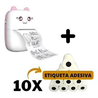 Mini Impressora Bluetooth Gatinho Rosa + 10 Rolos Adesivos