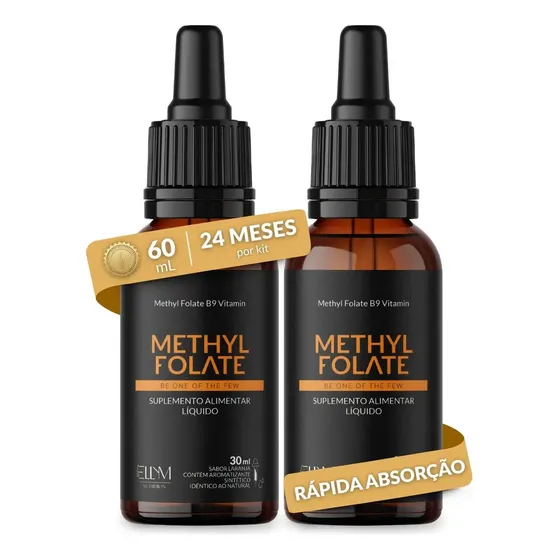 Kit 2 Vitamina B9 Metilfolato em Gotas Sublingual 30 mL 500mcg Por Dose ELLYM NUTRITION Sabor Laranja