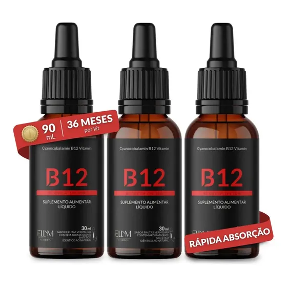 Kit 3 Vitamina B12 Sublingual Gotas 30ml Sabor Frutas Vermelhas Auxilia Funcionamento Sistema Imune Metabolismo Energético 413% Vd Liquida Drops Energia Foco Ellym Nutrition