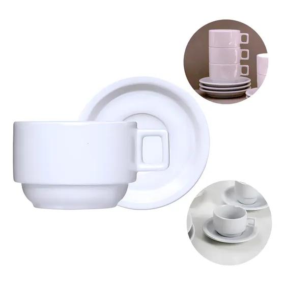 Conjunto 12 Xícaras Com Pires De Porcelana Germer Linha Bar Hotel Branco