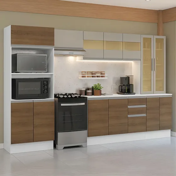 Armário De Cozinha Completa 100% Mdf 310 Cm Smart Madesa 04 Cor Branco/rustic/crema