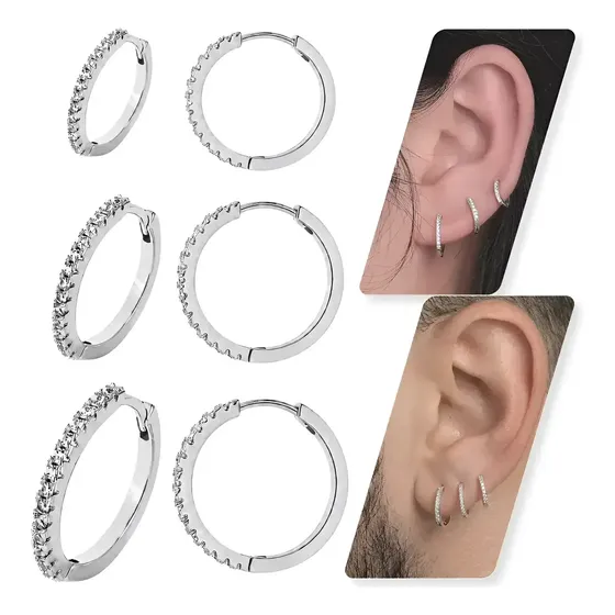 Kit Trio Argolas Cravejadas Zircônia Semijoias Banhadas à Prata 925 Luxo – Brincos Argola Femininos e Masculinos em Aço Inoxidável, Fecho Click, Antialérgicos para o Primeiro, Segundo ou Terceiro Furo