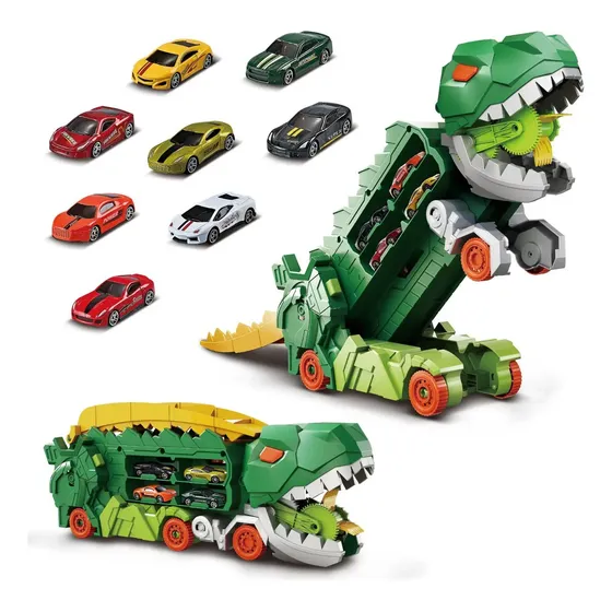 Caminhão Dinossauro Pista Com Carrinhos Maleta Transporte Cor Verde