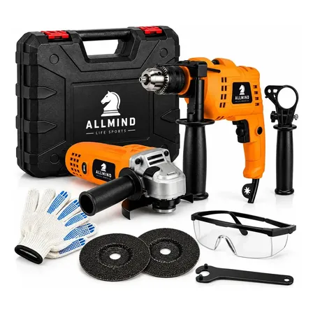 Kit Furadeira Parafusadeira de Impacto 500W + Esmerilhadeira Lixadeira 850W 115mm ALLMIND Profissional Com Maleta e Acessórios