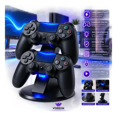 Suporte Base Carregador Controles Compatível Com Playstation Ps4 Base De Carregamento Gamer Ps4 Estação Indicador Inteligente Compatível V1 V2 Pro E Slim Base Antiderrapante - Marca Voreon