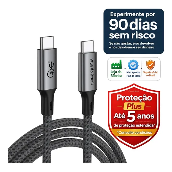 Plus Do Brasil Cabo Usb 4 40gbps Thunderbolt Tipo C PD 240w C/ Chip E-Mark Mac Win 8k 60hz 4k Compativel com Samsung Galaxy S25 S24 S23 Apple iPhone 17 16 15 Macbook Notebook Galaxy Book4 100w / 240w