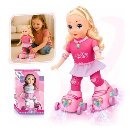 Boneca Patinadora Robô que Anda de Patins Dança e Canta com Luzes LED Skating Girl Brinquedo Musical Infantil para Menina 30cm Kizumba