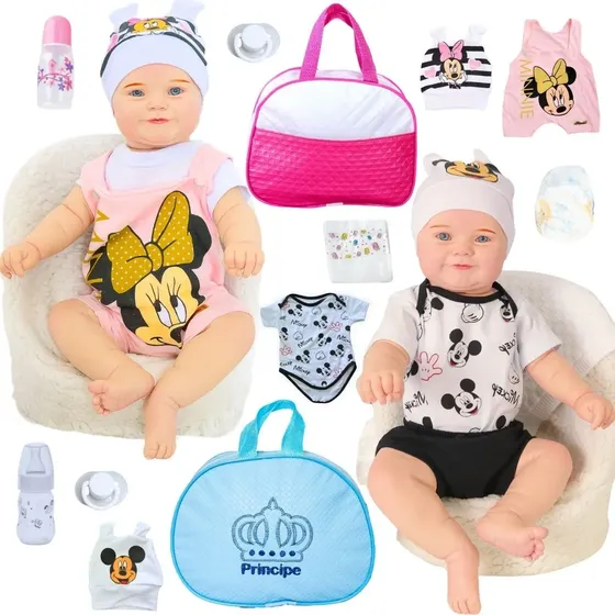 Bonecos Bebê Reborn Gêmeos Maddie Mickey & Minnie Com Bolsa