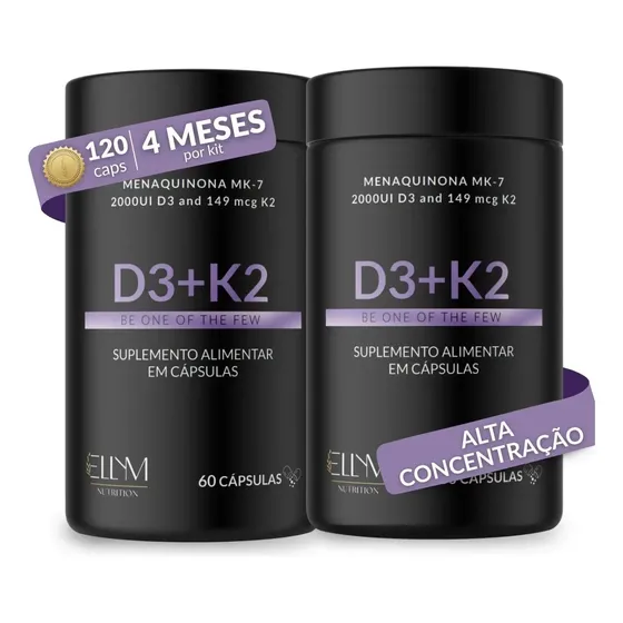 Kit 2 Vitamina D3 K2 Mk7 Capsulas 2000ui 149mcg Menaquinona 7 Colecalciferol Alta Concentração Máxima Absorção Pura D K Ellym Nutrition