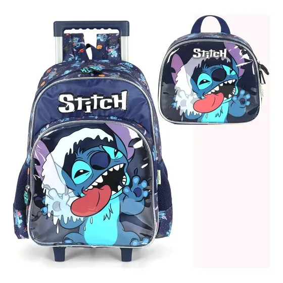 Mochila Rodinha Lancheira Menino Stitch Ic42372sc Azul Liso