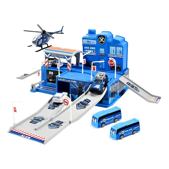 Pista De Carrinhos Maxi Toys Polícia Com 5 Veículos E Acessórios 48x36cm Azul