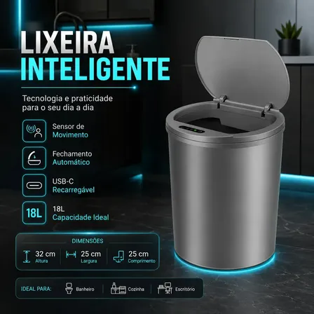 Lixeira Inteligente Automática Cinza Universal Com Sensor Lumi Recarregável Anti Odor 16L