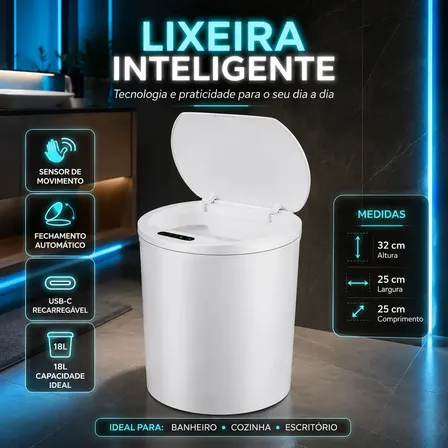 Lixeira Inteligente Automática Branca Universal Com Sensor Lumi Recarregável Anti Odor 16l Branco Branco