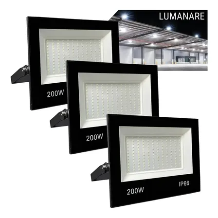 Kit Com 3 Refletor Led Holofote 200w Luz Branco-frio 6500k Resistente A Chuva Econômico Fácil De Instalar Carcaça Preta Ip66 Jardim Fachada Quintal