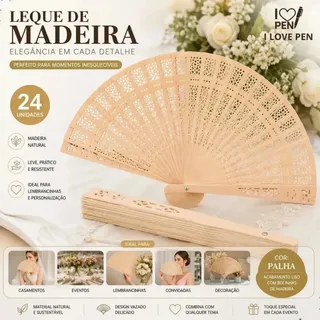 24 Leque De Madeira / Casamento / Noiva Cor Palha Bolinhas Madeira Liso Leque Japones De Mão Kit De Leque marca I LOVE PEN