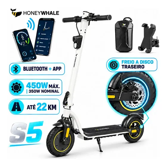 HONEYWHALE S5 Patinete Elétrico Adulto, 450W Scooter Eletrica, 32 km/h Velocidade Máxima, 22 km de Autonomia Máxima, Patinete Juvenil com Controle por aplicativo Bluetooth (36V 7.8AH)