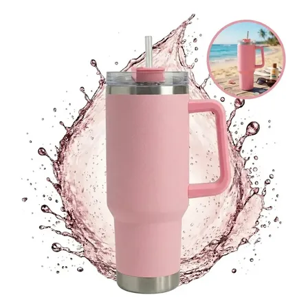 Copo Térmico Garrafa Rosa 1200ml Em Aço Inox Com Alça Tampa Vedada Antivazamento Canudo Embutido Parede Dupla Livre De BPA Para Água Café Chá Bebidas Quentes E Frias Academia Trabalho - Swave