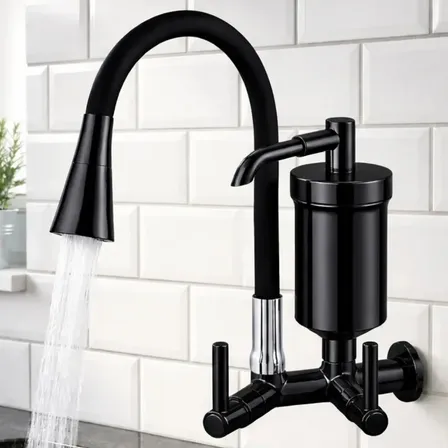 Torneira Com Filtro Gourmet De Cozinha 2 Jatos Flexível Forte Lar Metais Cone Preto Parede Preto Black Fosco