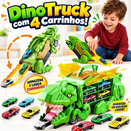 Caminhão Cegonha Dino Comporta 8 Carrinhos Maleta Pista Lançador Atacarejo Kids Dino Truck + 4 Carrinhos de Metal