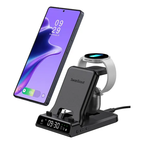 25W Carga Rápida USB-C 3 en 1 Estación de Carga Plegable, Compatible con Galaxy S26/S25/S24/Z Flip 8/Z Fold 8, A57/A36, Watch Ultra/8-5 y Buds USB-C, SwanScout 701S