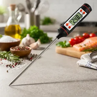 Termômetro Digital Espeto Culinário -50°c A 300°c Precisão 0,1°c Aço Inox 24cm Display Lcd Alimentos Carnes Líquidos Cozinha Profissional Bateria Medição Rápida Pro Power Preto