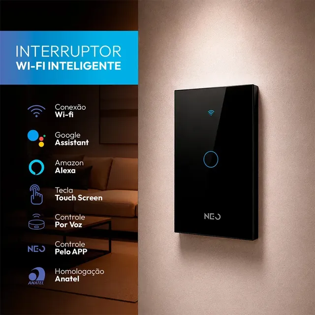 Interruptor Smart Inteligente Wi-fi 2.4 Ghz Alexa Google 1 Botão 4x2 Bivolt Preto Cod: 291990365 Neo Avant Preto 1 127/220v