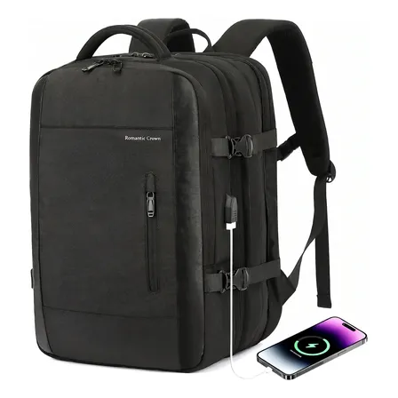 Mochila Passeio Romantic Crown De 42l Com Compartimento Para Notebook E Entrada Usb, Impermeável Preto Liso