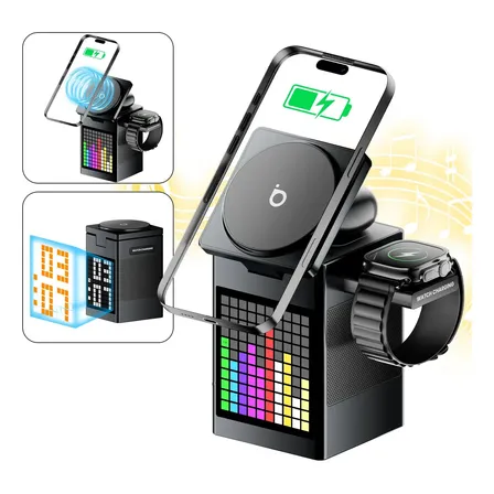 Carregador Sem Fio Qi 3 Em 1 Com Basike Caixa De Som Bluetooth E Relógio Digital Led Estação Wireless Para iPhone Samsung Android Cinza