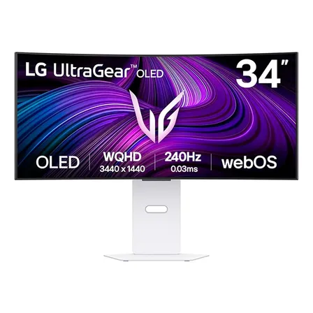 Monitor LG UltraGear Smart OLED Curvo 34”, QHD 2K, 240Hz, 0,03ms (GtG), WebOS, DCI-P3, HDR400, NVIDIA G-SYNC, AMD FreeSync Premium, Branco - 34GX90SA