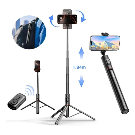 Tripé Bastão De Selfi Retrátil Com Controle Remoto Bluetooth com Controle , 1.84m, Remoto sem Fio, Portátil, Leve e Extensível, Compatível com ios e Android,Cor preto