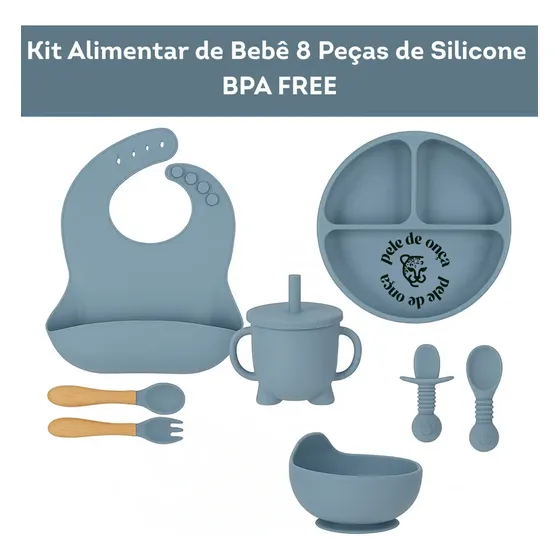 Kit Alimentar Bebê 8 Un Copo Prato Babador Silicone Bpa Free Cor Azul
