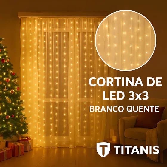 Cortina De Led Titanis 300 Leds 3x3 Metros Branco Quente Decoração Natal