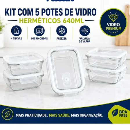 Vittak Kit 5 Potes Vidro Hermético Transparente 640ml Tampa 4 Travas Marmita Microondas Freezer Porta Mantimentos