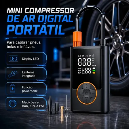 Compressor De Ar Digital Calibrador De Pneu Digital Para Moto E Carro Portátil Bivolt Com Powerbank Preto 127/220v 50 Hz/60 Hz Monofásica